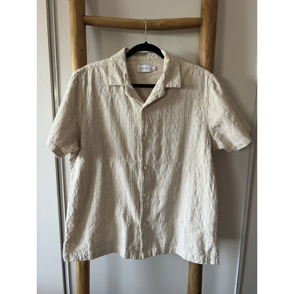TOPMAN Men’s L Beige Geometric Embroidered Cotton Flax Short Sleeve Button-Up